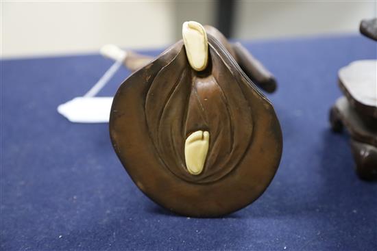 A Japanese Shibayama style ivory and wood okimono of a Sambaso dancer and a cherrywood and ivory okimono of a bijin, Meiji period